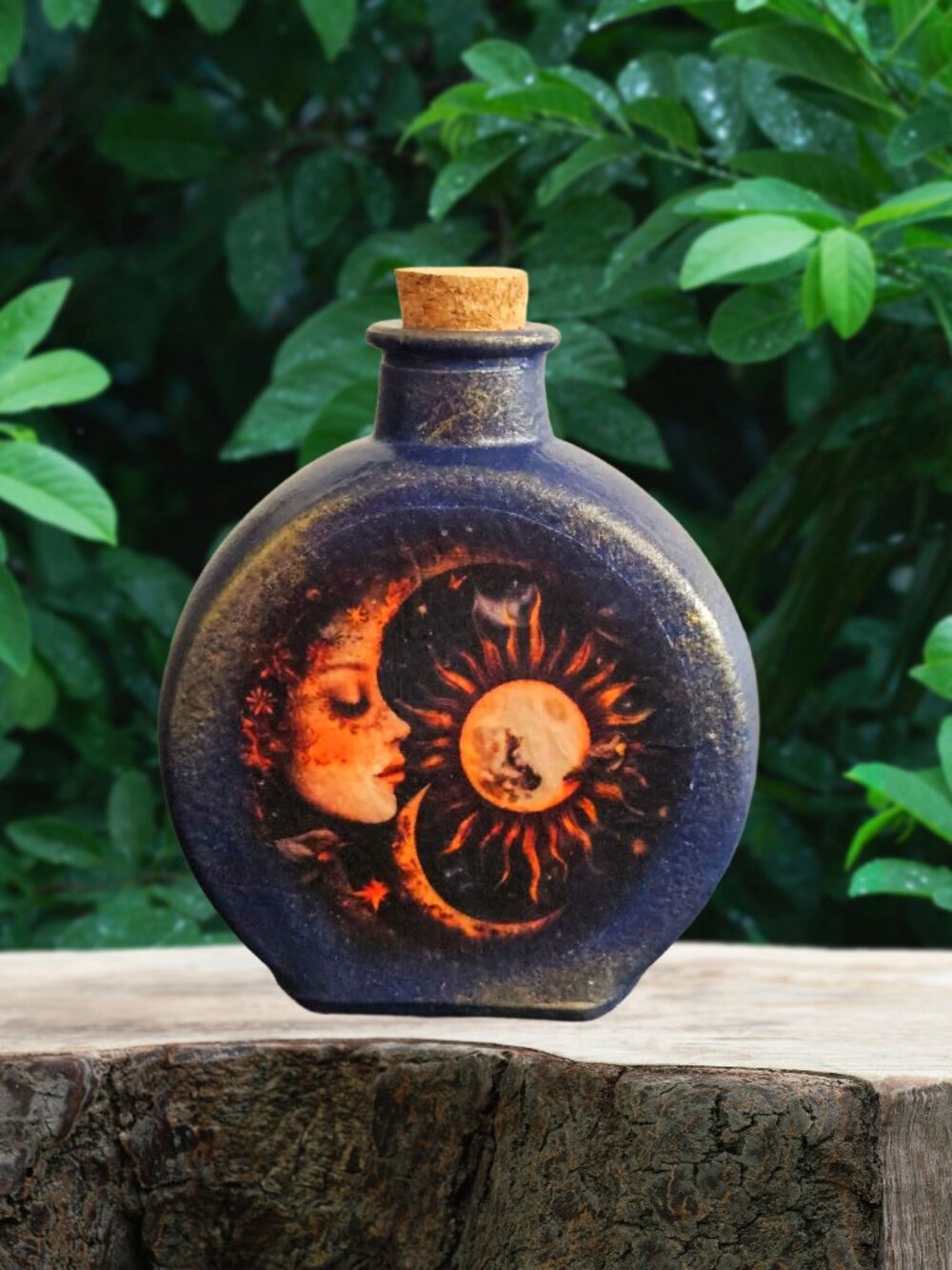 Celestial Sun Moon Art, Dark Blue Gold Glass Vessel, Cosmic Decor Accent